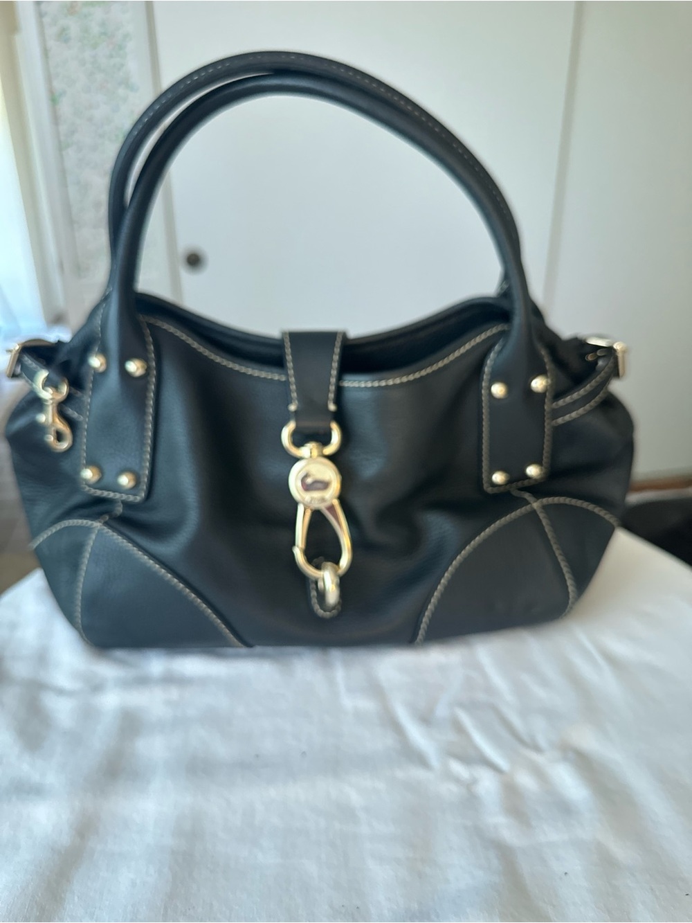 Dooney & Bourke Black Leather Shoulder Bag with Gold Hardware
